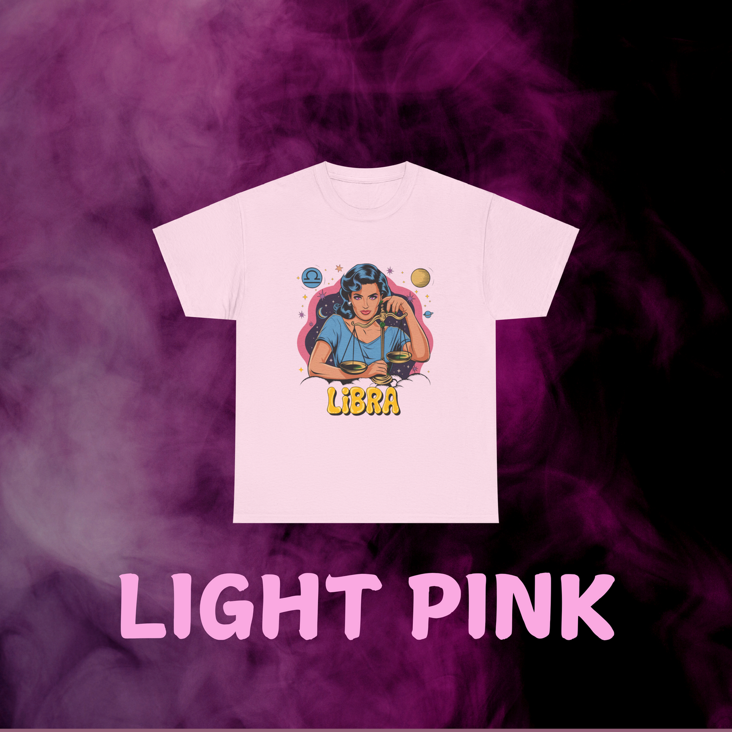 Soft pink throwback Libra zodiac graphic: vintage woman, scales illustration, space motifs, sign. Celestial clothing.