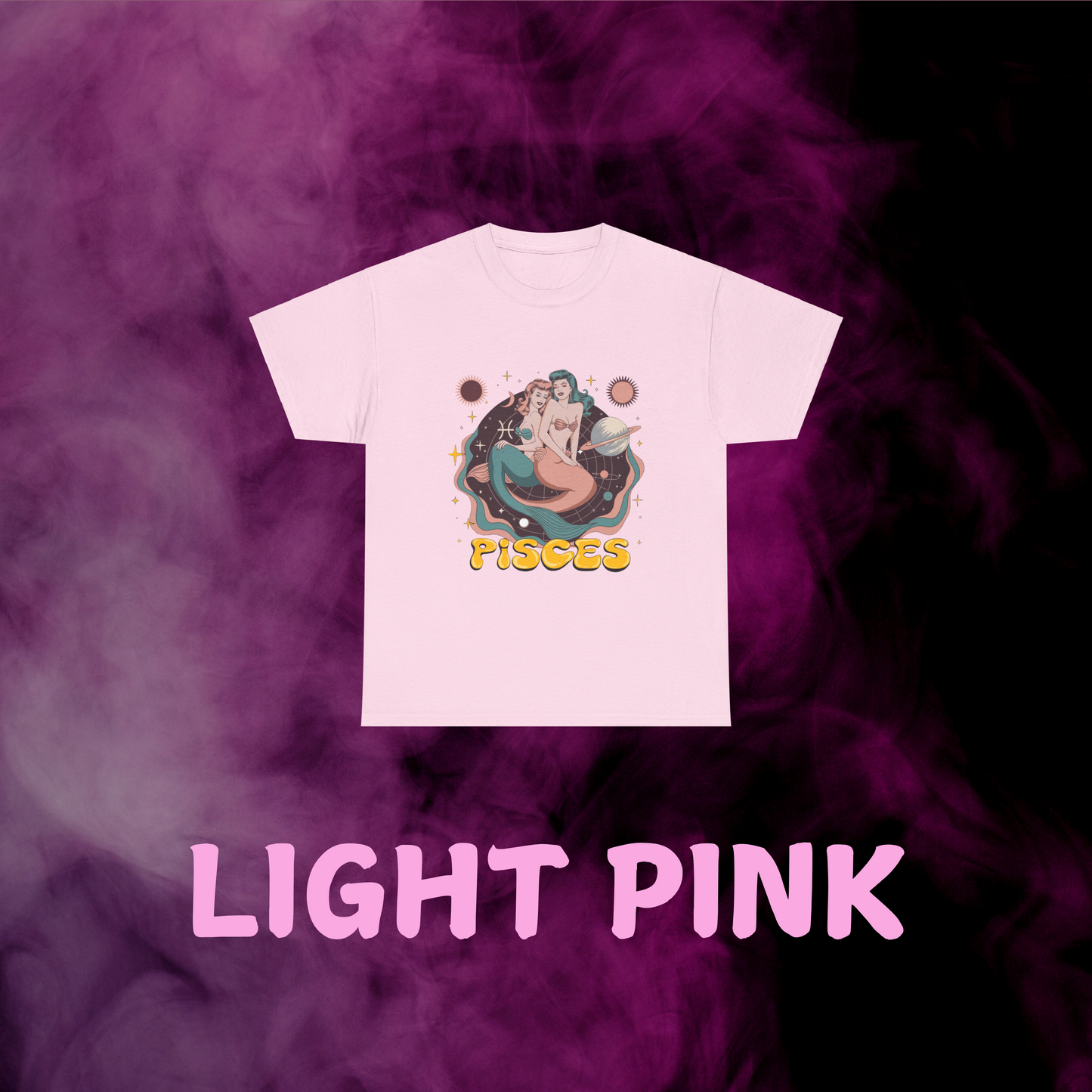 Soft light pink Pisces horoscope tee showing a subtle vintage fish design. Zodiac apparel idea.
