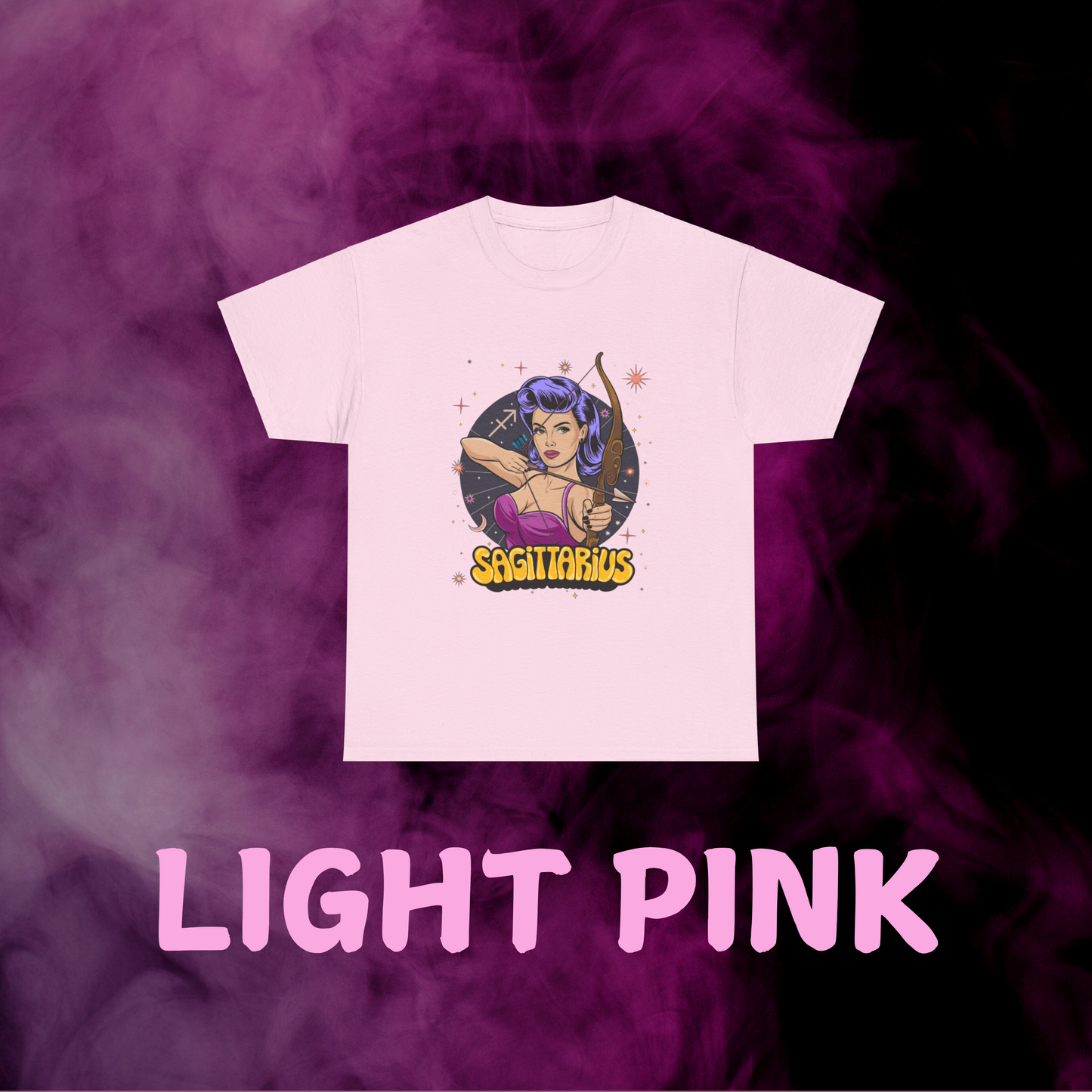 Soft pink vintage Sagittarius celestial tee: retro woman archer with bow, stars & Sag symbol. Astrology inspired.
