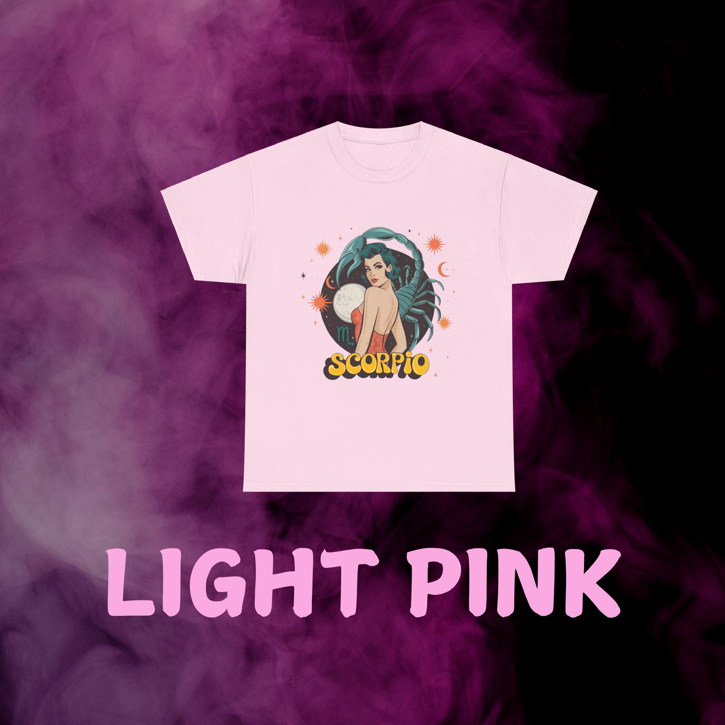 Soft light pink Scorpio horoscope tee featuring a subtle vintage scorpion illustration. Zodiac gift idea.