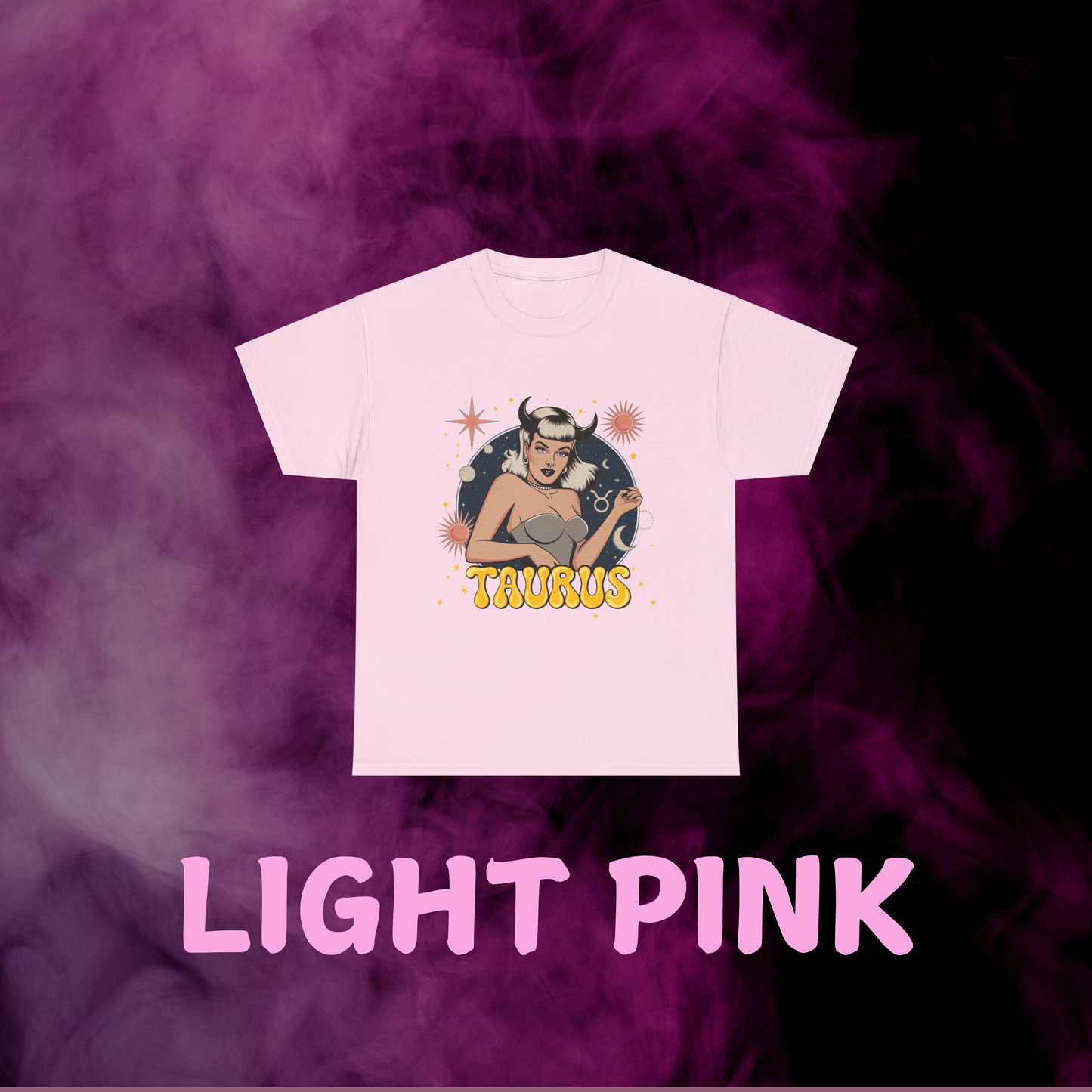 Soft pink throwback Taurus graphic tee: vintage horned girl with stars & Taurus sign design. Celestial apparel.