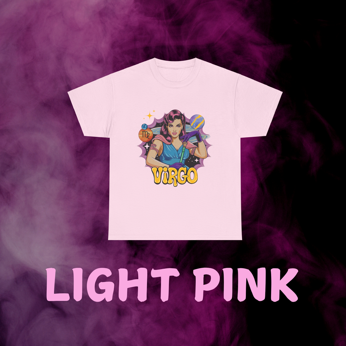 Soft light pink Virgo horoscope tee showing a subtle vintage maiden design. Zodiac apparel idea.