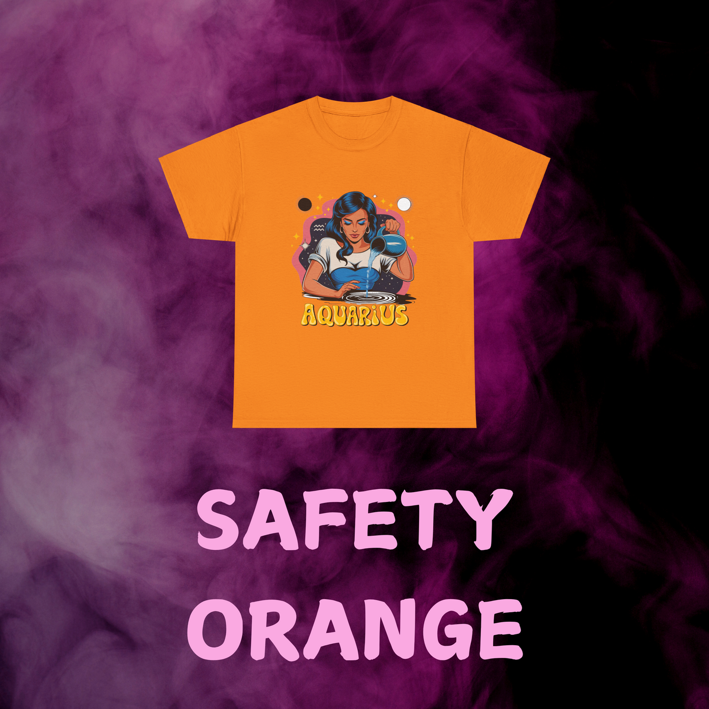 orange Aquarius tee, vintage water bearer graphic, celestial details, sign, air sign top.