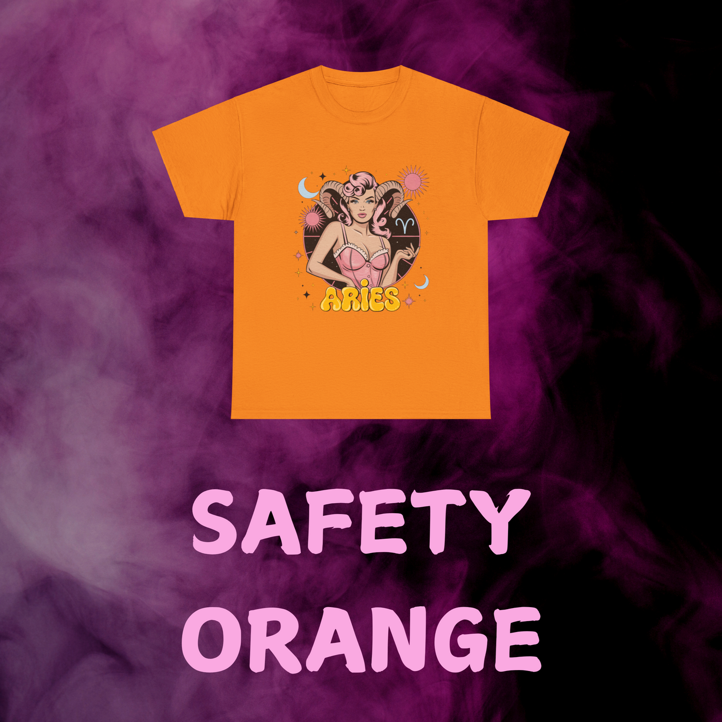 orange shirt with vintage Aries art: woman with ram horns, constellations & sign. Fire sign top.