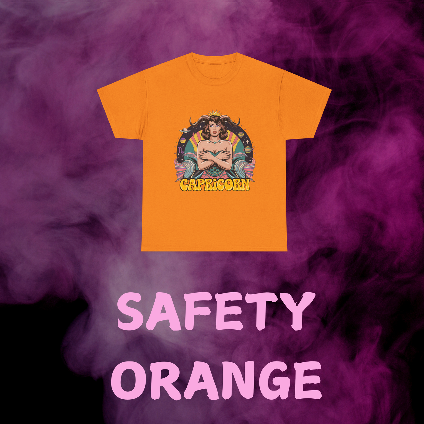 vibe orange whimsy goth Capricorn shirt showing vintage woman with fish tail & horn among stars & sign. Astrology top