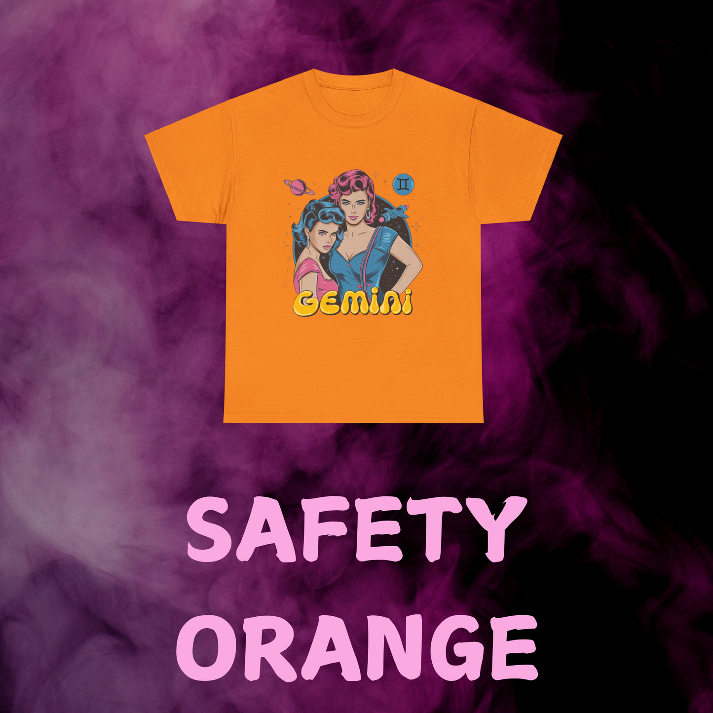 Orange Astrology t-shirt featuring a retro Gemini symbol.