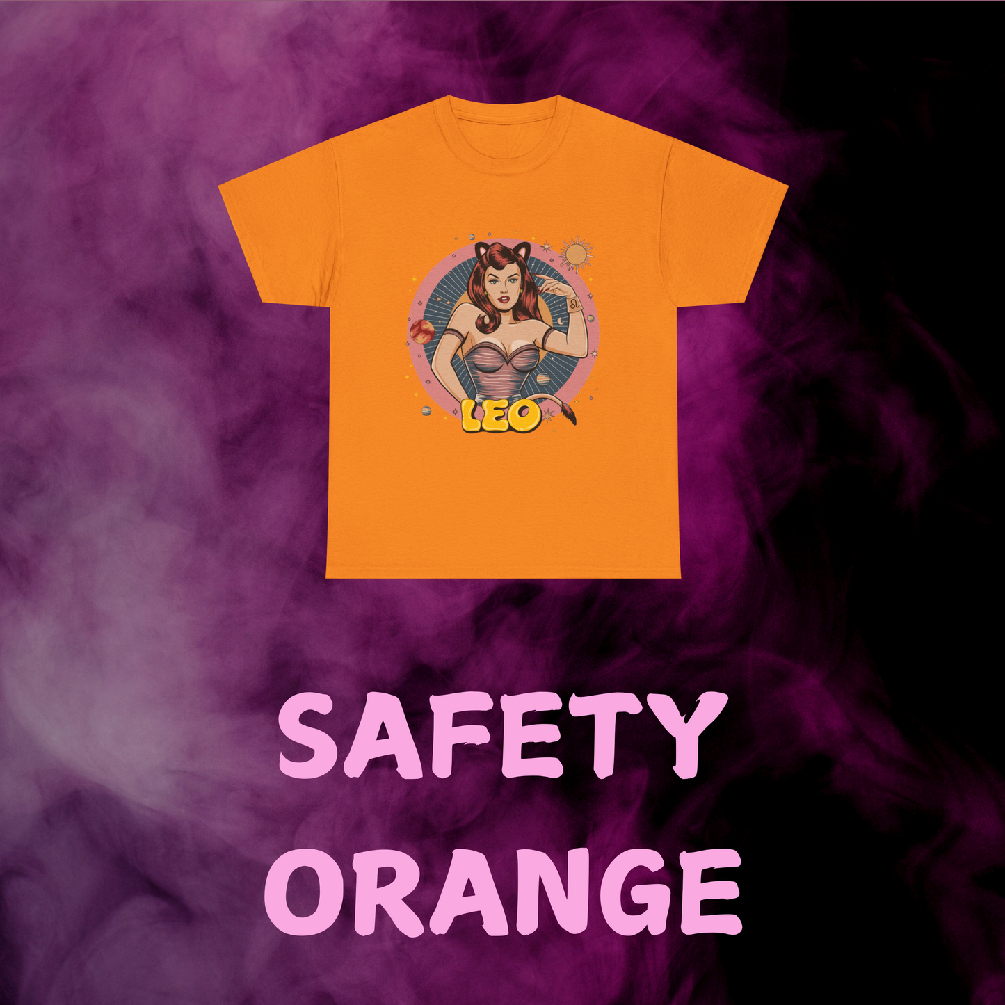 Bright orange vintage Leo tee with a throwback illustration of a girl with feline traits. Unique horoscope gift.