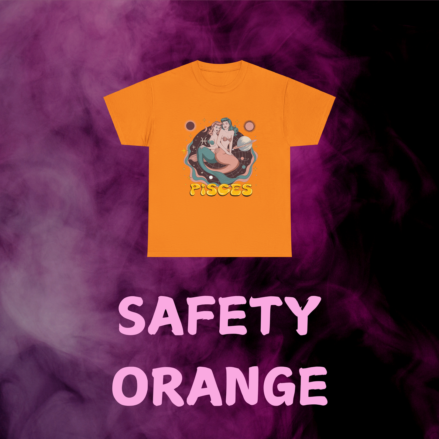 Bright orange vintage Pisces tee with a throwback twin fish illustration. Unique horoscope gift.