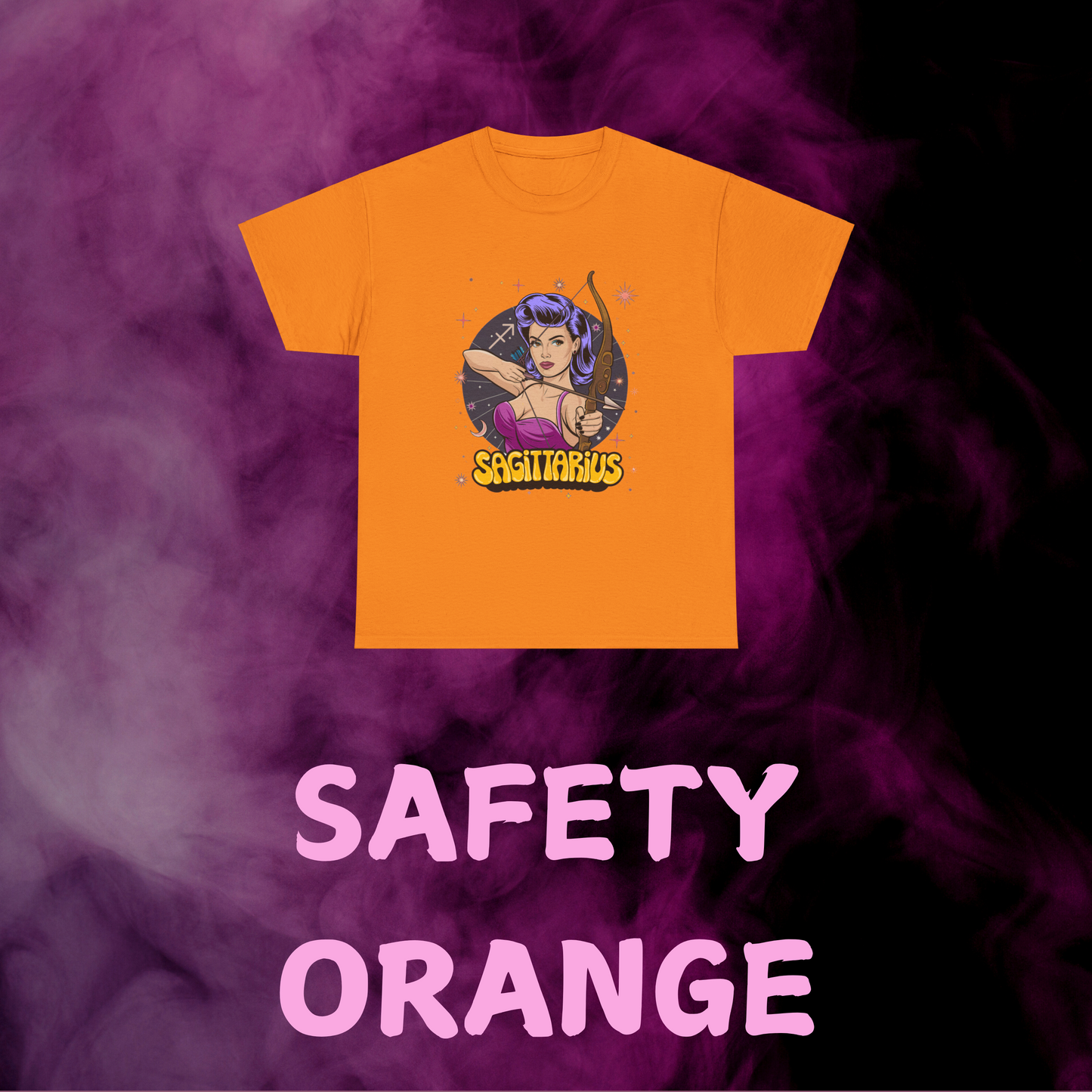 vintage vibe orange tee with colorful retro woman drawing bow, constellations & Sag symbol. Astrology merch.