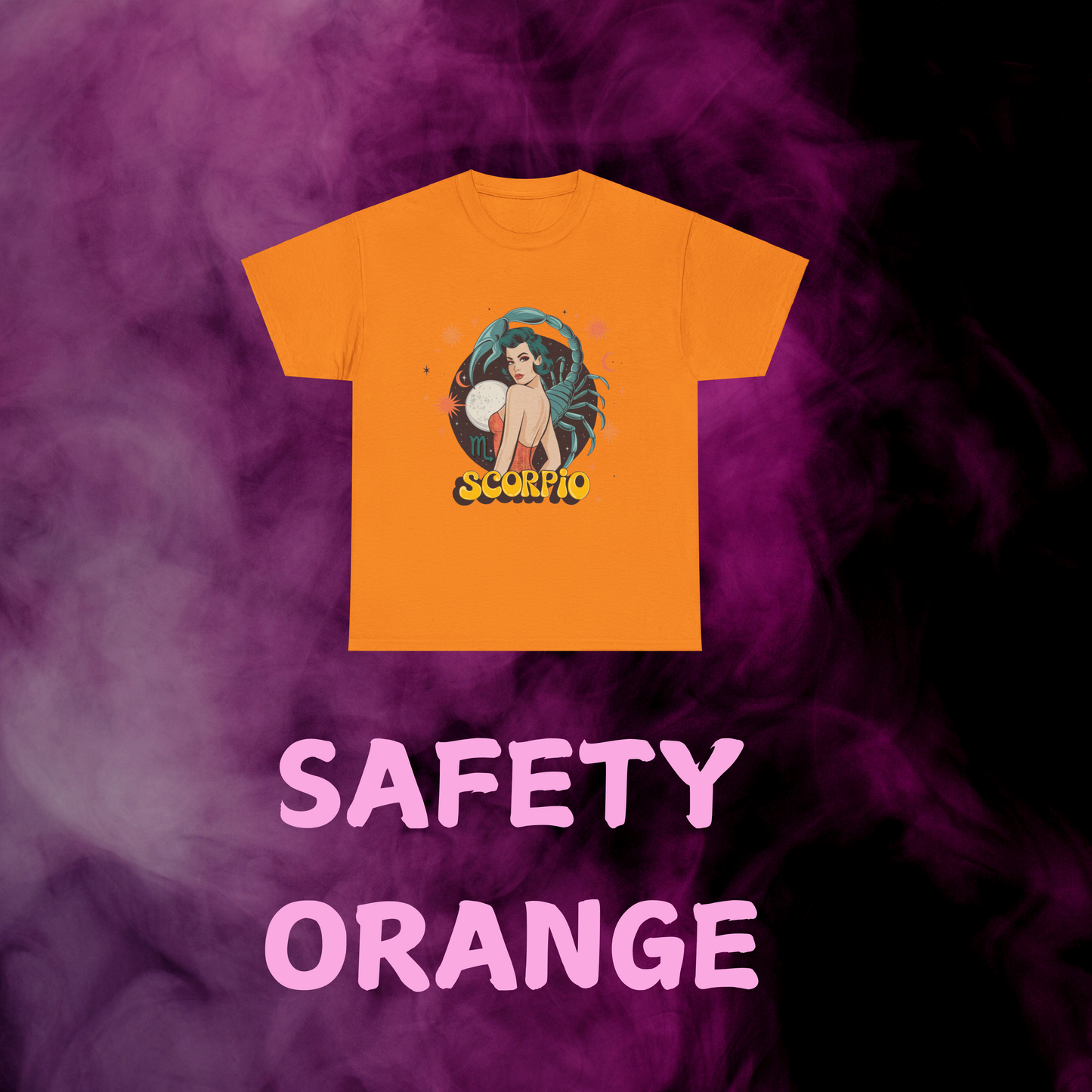 Bright orange vintage Scorpio tee featuring a throwback scorpion design. Unique astrology gift.
