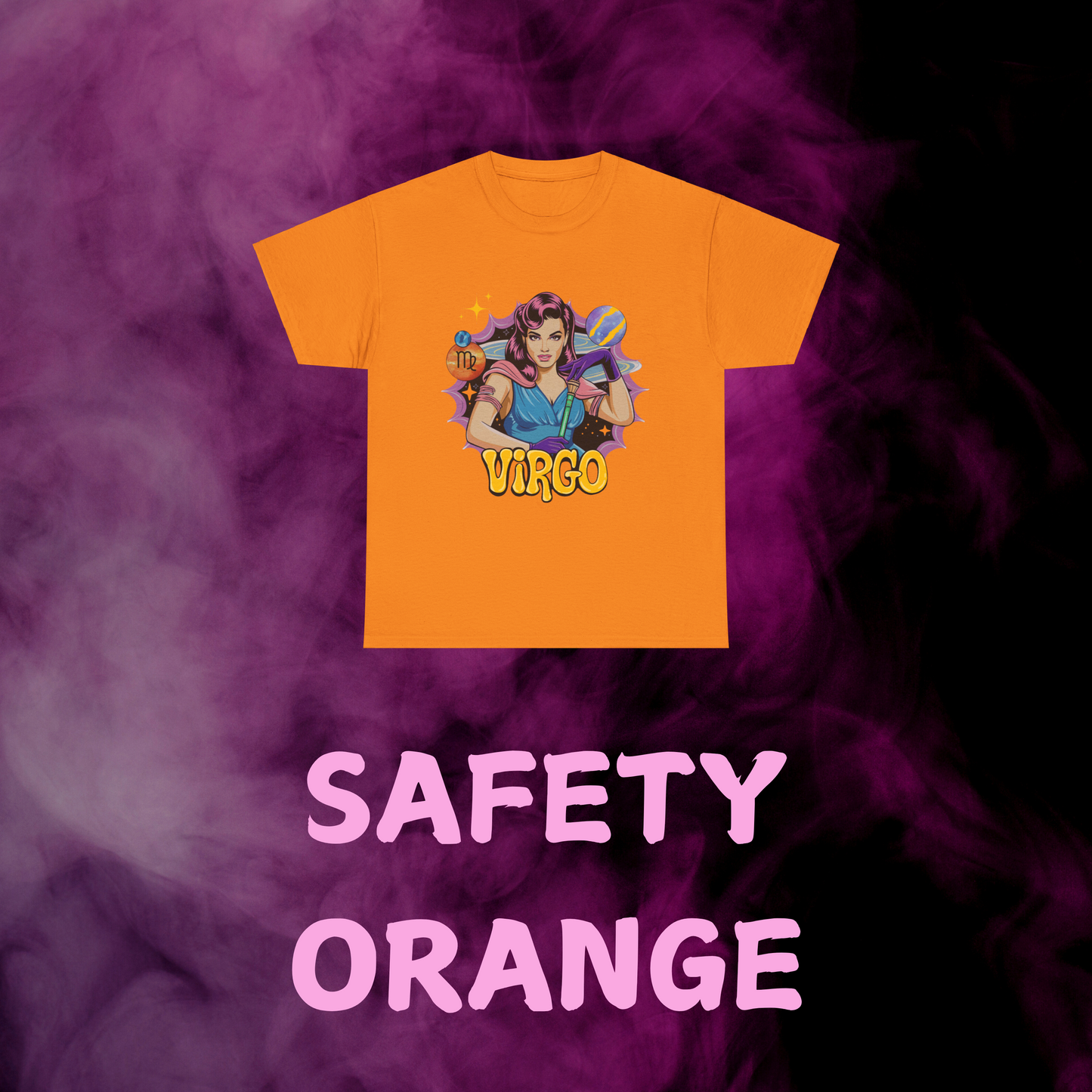 Bright orange vintage Virgo tee with a throwback maiden illustration. Unique horoscope gift.