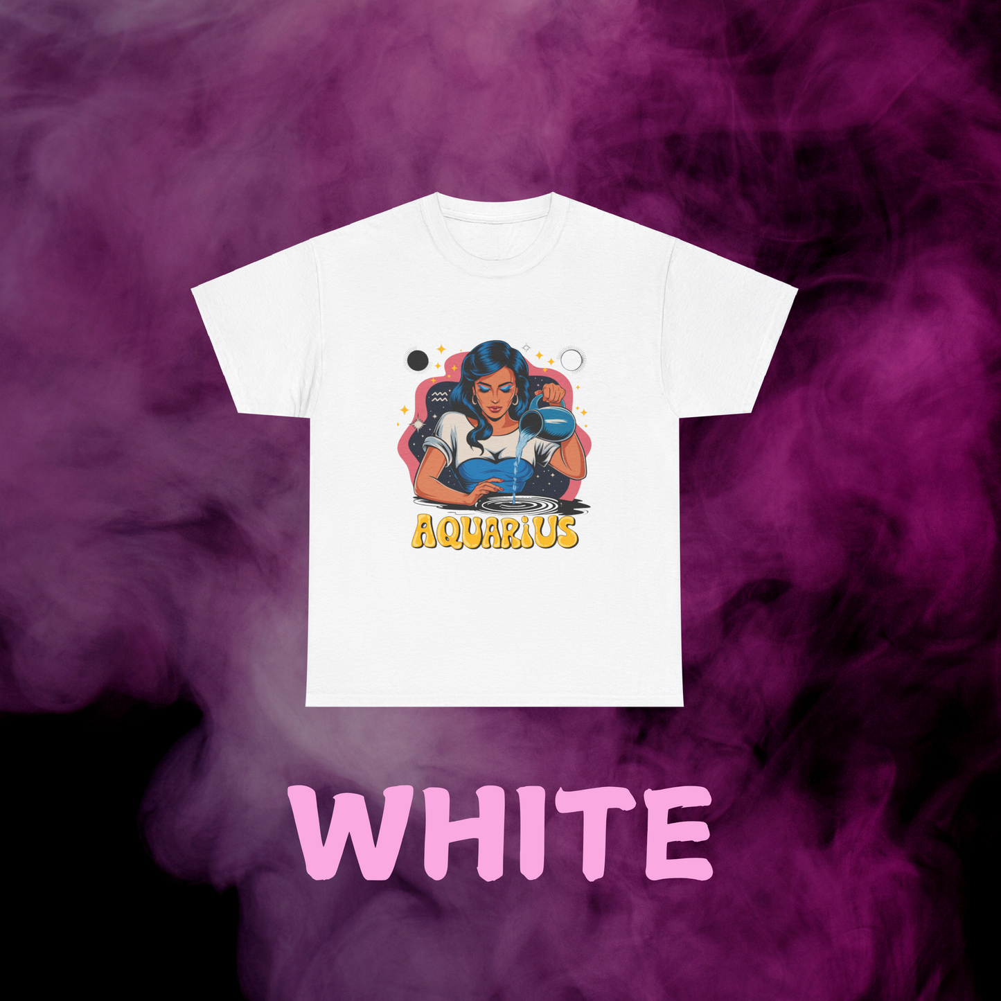 Retro aesthetic white Aquarius t-shirt with vintage water bearer illustration, sign & constellations.