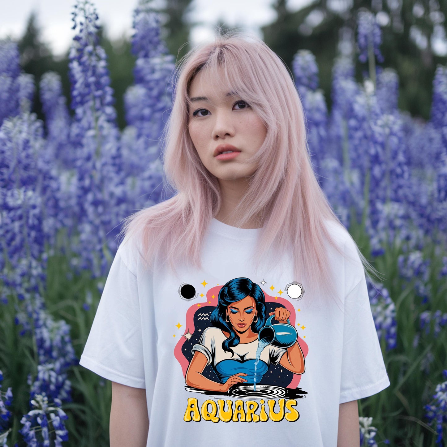 Innovative Aquarius retro white shirt with vintage water bearer & constellation print plus sign. Star sign clothing.