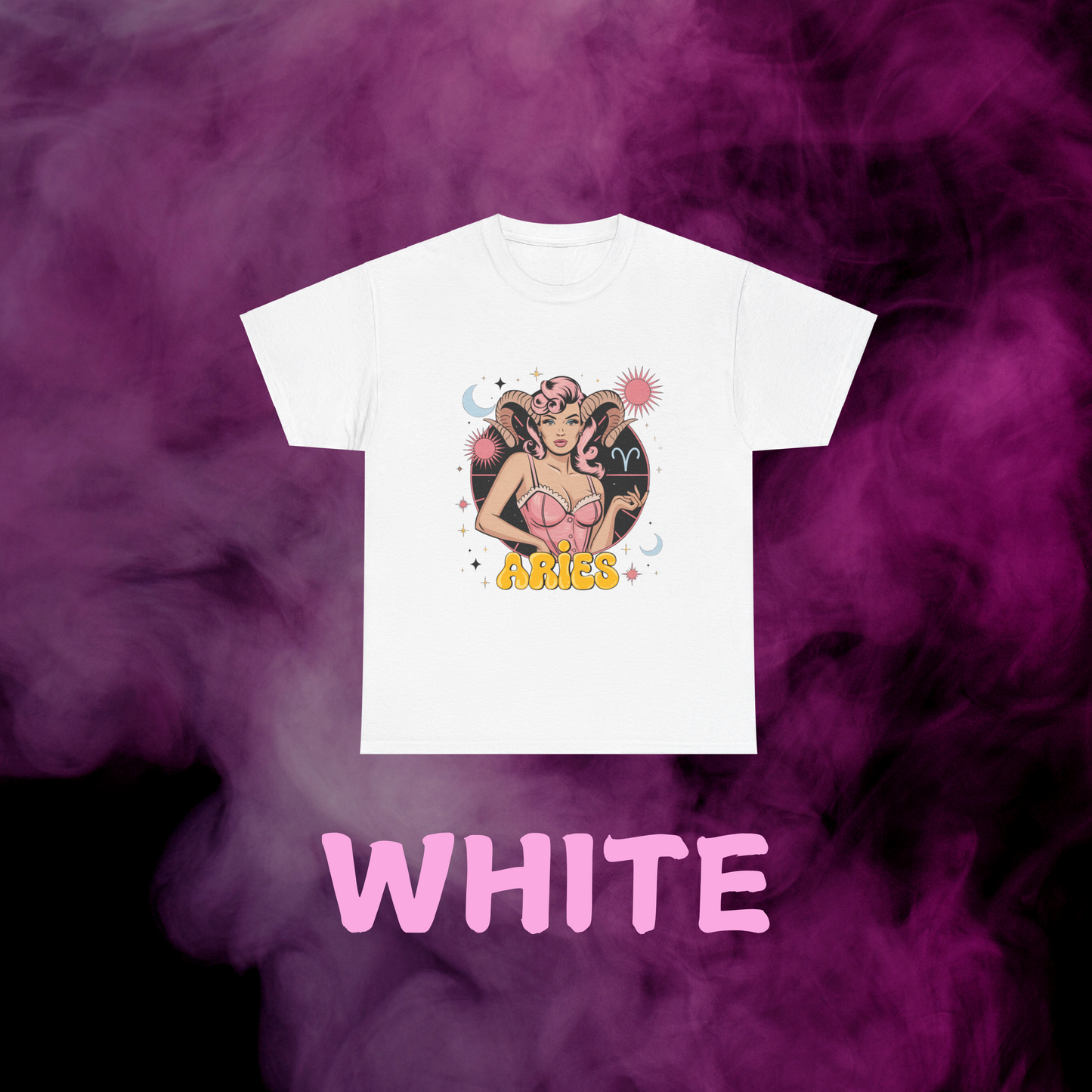 Bold Aries energy retro white tee: print of woman with ram horns, Aries sign & stars. Star sign apparel.