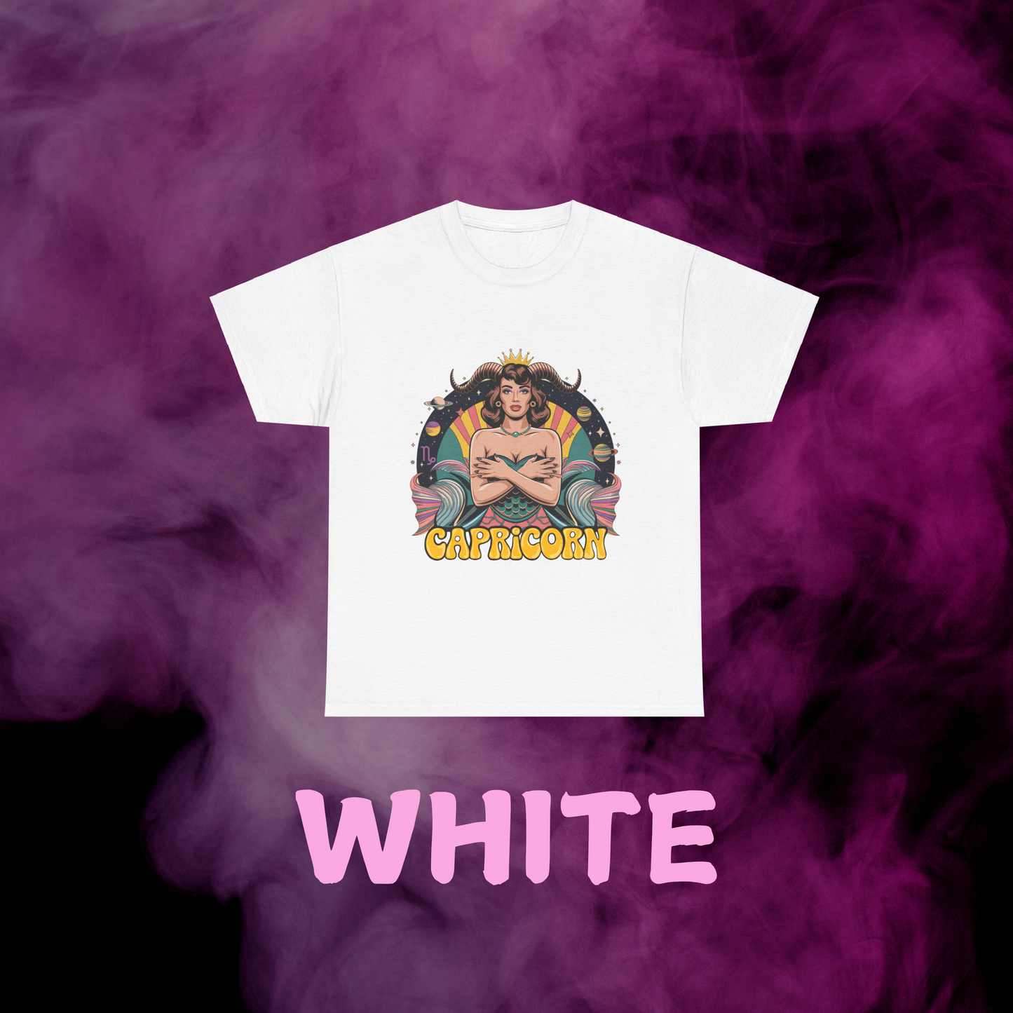 Saturn ruled Capricorn retro white graphic tee: vintage sea-goat woman with horn, tail, sign, constellations. Zodiac top.