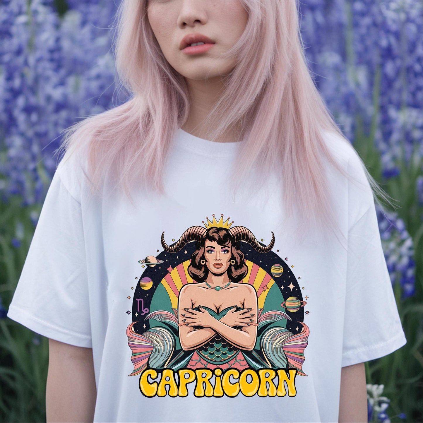 intage illustration white Capricorn t-shirt: woman with fish tail, goat horn, sign & space motifs. Zodiac apparel.