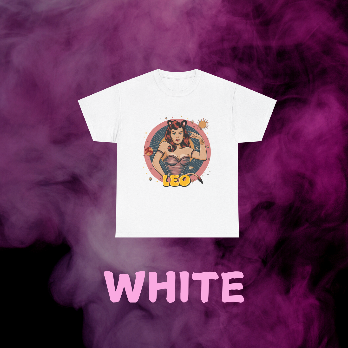 Retro white Leo zodiac t-shirt with a vintage feline girl graphic. Fire sign astrology apparel.