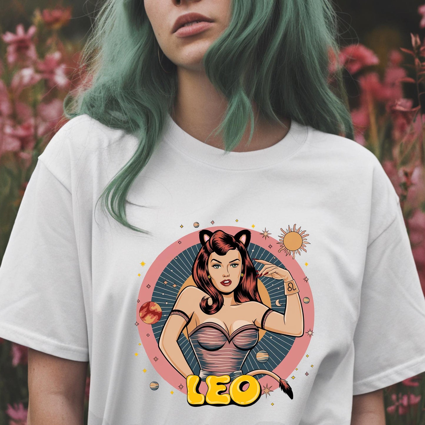 Clean white vintage Leo tee with a minimalist retro outline of a feline girl. Star sign graphic shirt for July birthdays.
