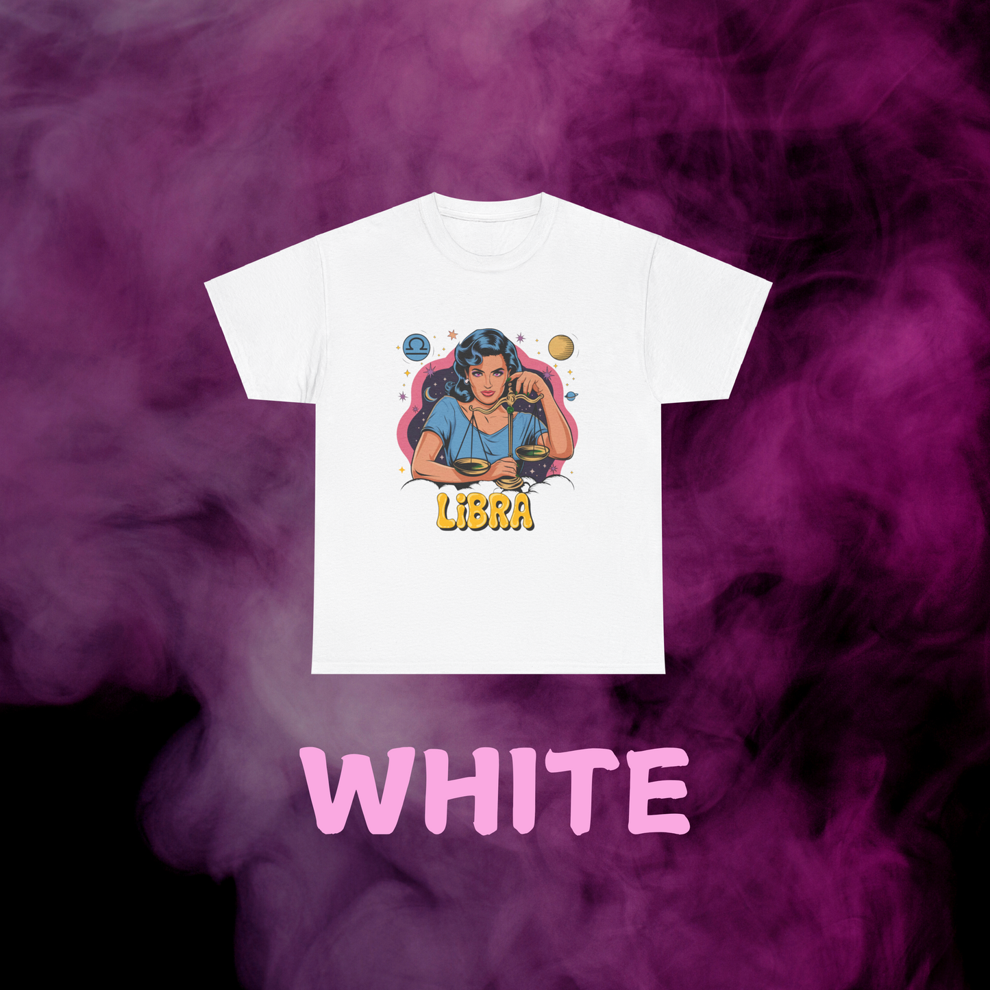 Venus ruled Libra retro white graphic tee: woman with scales, sign & space motif print. Zodiac style shirt.