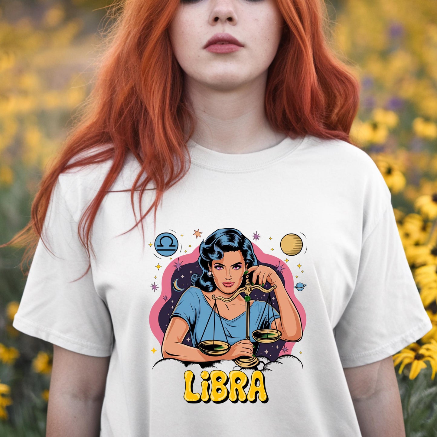 Vintage style white Libra t-shirt: woman holding scales with space motifs & Libra symbol. Zodiac balance apparel.