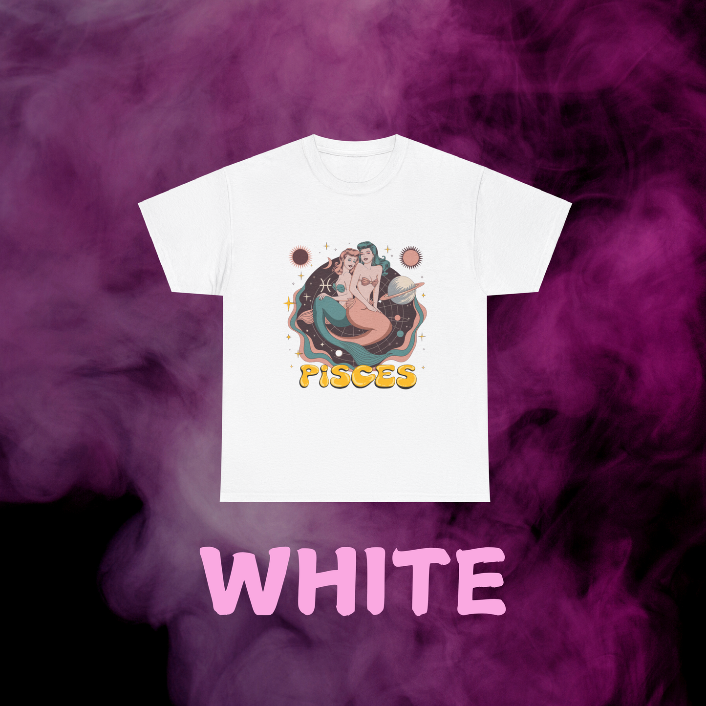 Clean white retro Pisces tee with a minimalist vintage twin fish outline. Star sign graphic shirt for February and March birthdays.