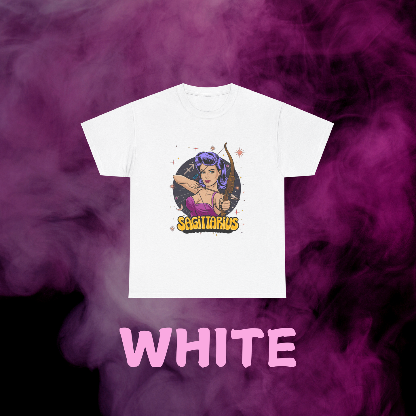 Retro white Sagittarius t-shirt: colorful vintage woman archer & constellations design. Fire sign astrology top.