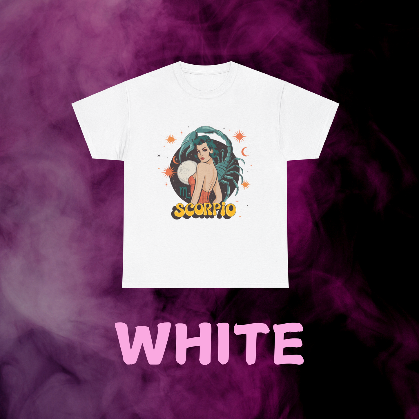 Vintage white Scorpio zodiac t-shirt featuring a retro scorpion graphic. Astrology apparel gift