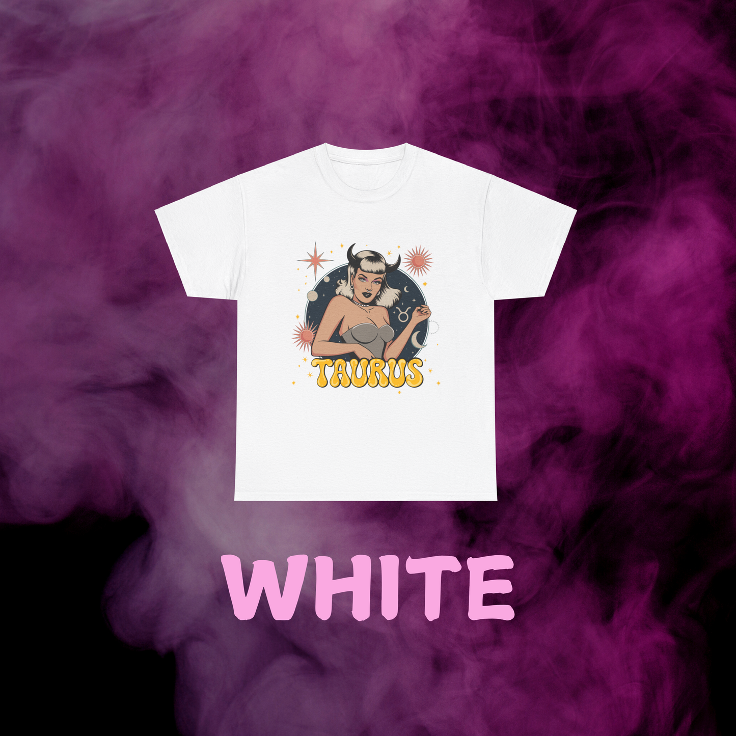 Unique Taurus art retro white shirt: vintage horned girl design with symbol & stars. Astrology zodiac top.