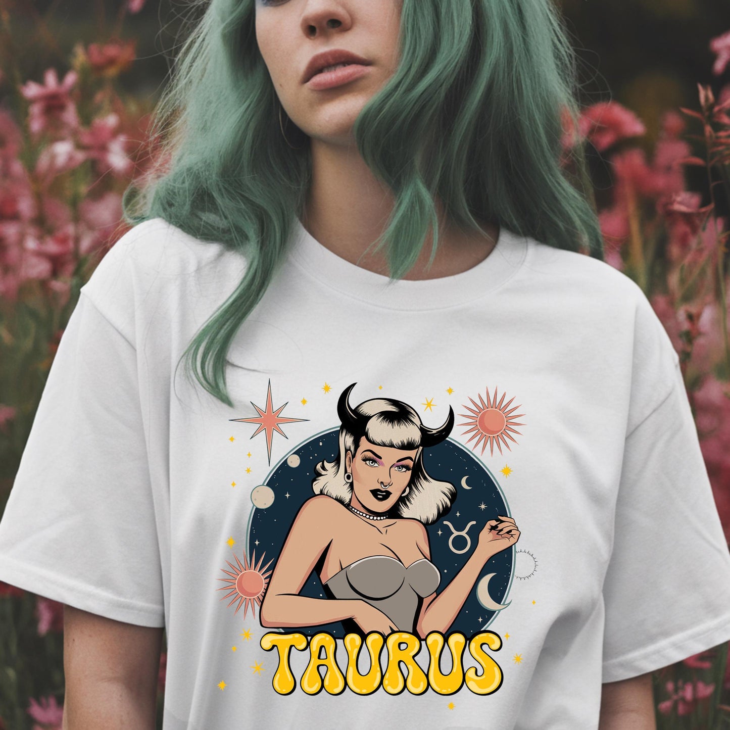 Vintage aesthetic white Taurus t-shirt: girl with horns, sign & constellations design. Zodiac apparel.