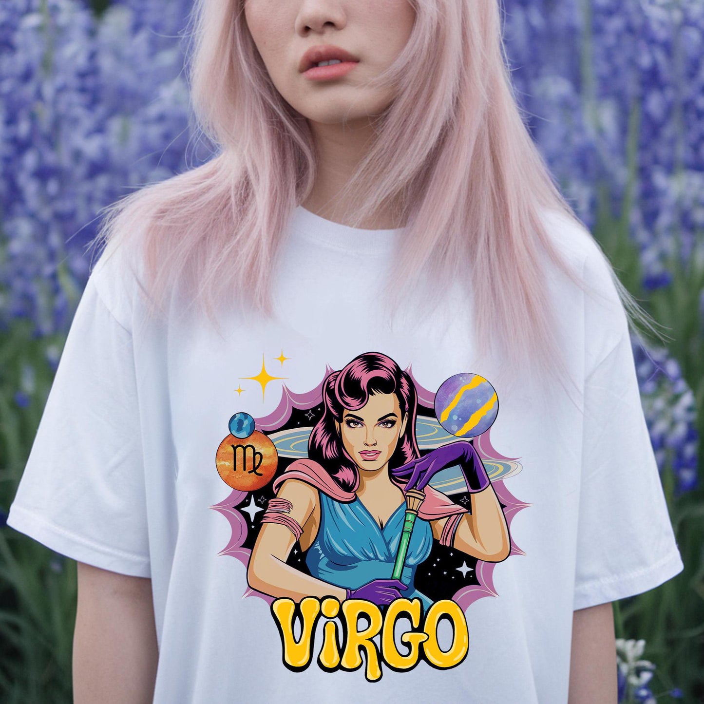 Vintage white Virgo zodiac t-shirt featuring a retro maiden graphic. Earth sign astrology apparel