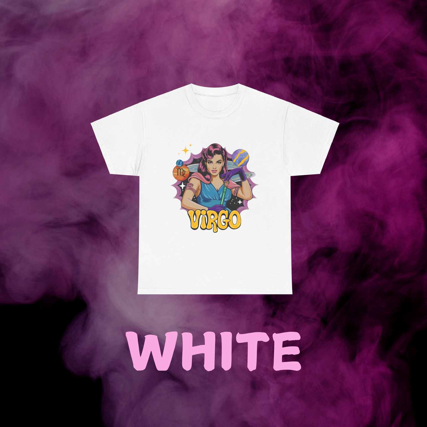 Clean white retro Virgo tee featuring a minimalist vintage maiden outline. Star sign graphic shirt for August and September birthdays.