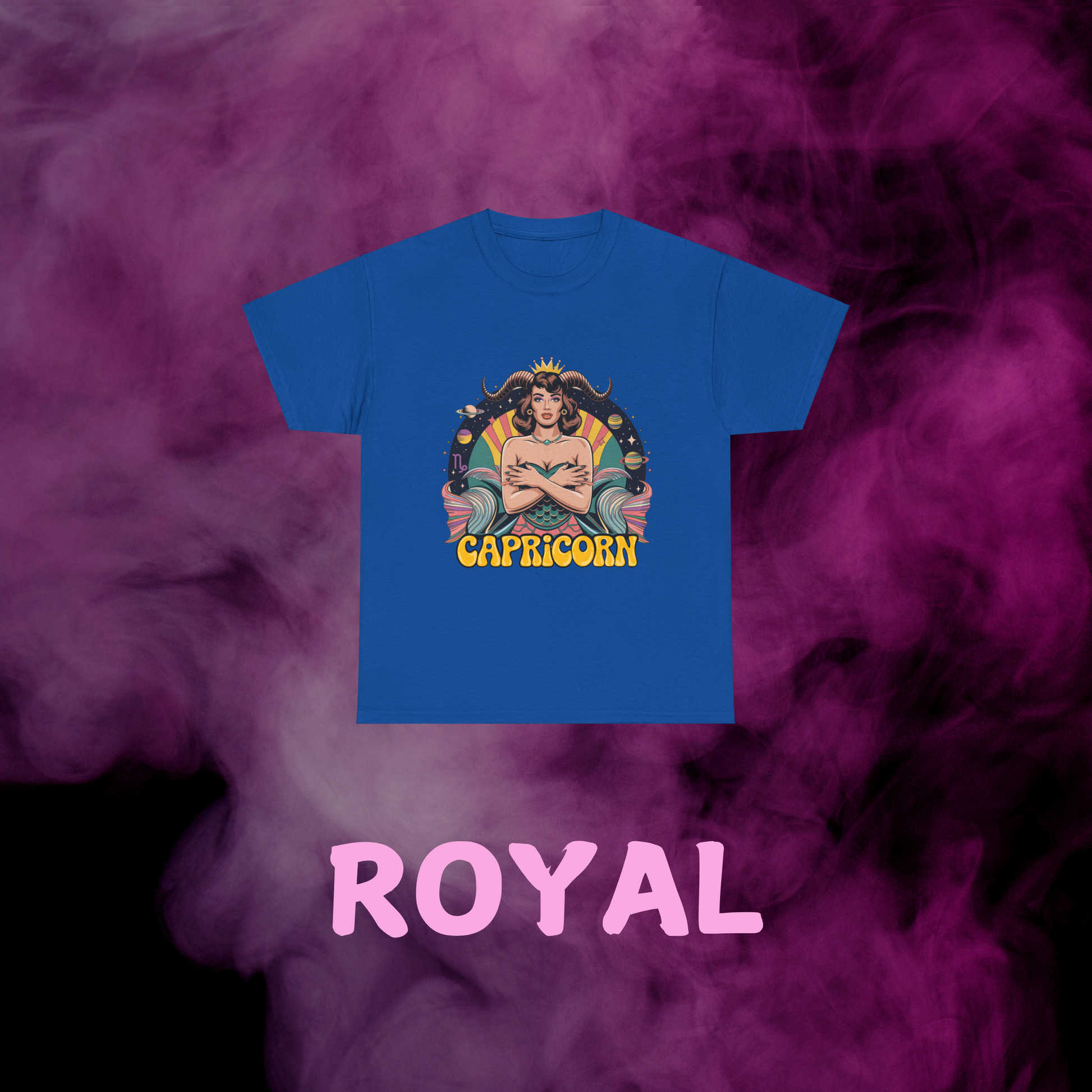 Deep royal blue vintage Capricorn graphic t-shirt: sea-goat woman with horn, fish tail, sign & space motifs. Zodiac clothing.