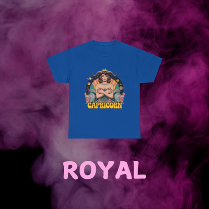 Deep royal blue vintage Capricorn graphic t-shirt: sea-goat woman with horn, fish tail, sign & space motifs. Zodiac clothing.