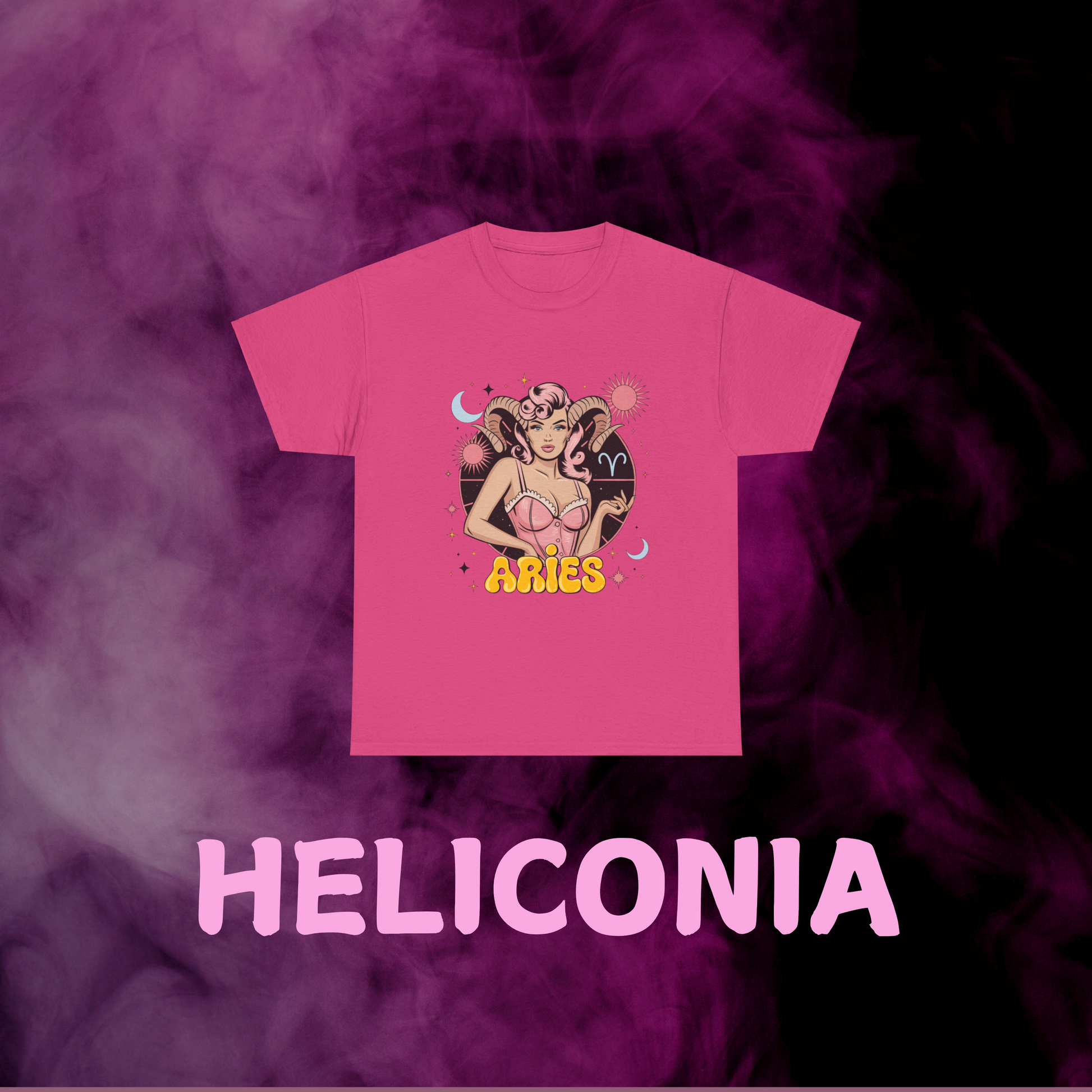 Vibrant hot pink retro Aries design tee: woman with ram horns, sign, stars. April birthday astrology gift.