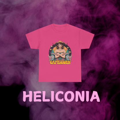 Vibrant hot pink retro Capricorn t-shirt: sea-goat woman illustration with horn, tail, sign, stars. January birthday gift.
