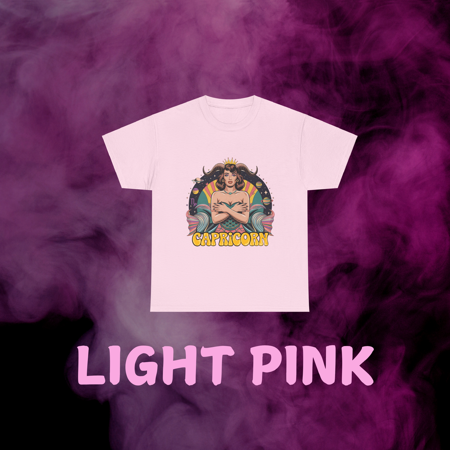 Soft pink throwback Capricorn zodiac tee design: vintage woman with goat horn, fish tail, sign, space motifs. Celestial apparel.