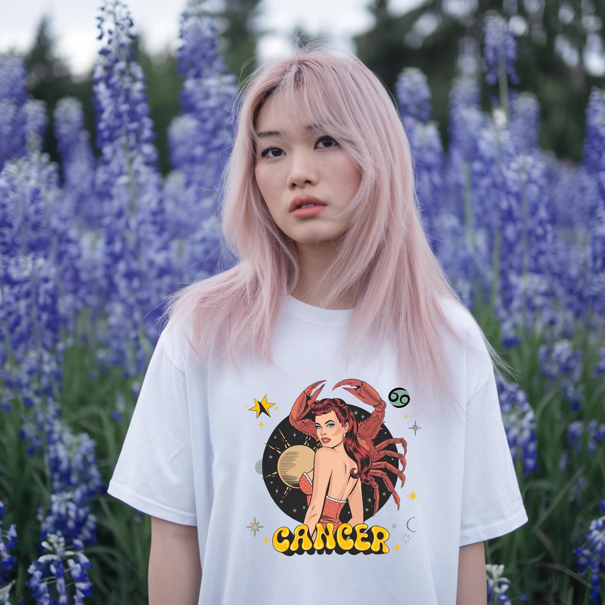 Graphic tee displaying the Cancer star sign symbol, a perfect horoscope gift.